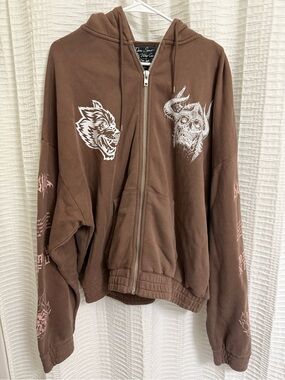 Darc Sport Valhalla Brown Graphic Zip-Up Hoodie with White Wolf & Skull Prints